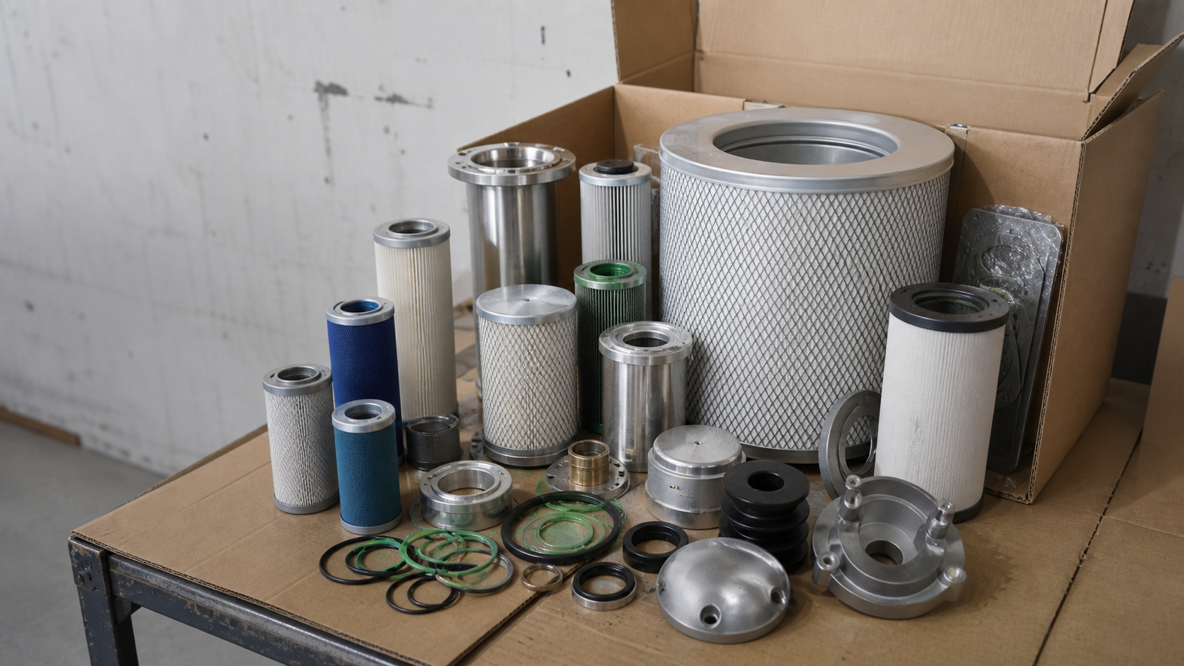Sistema industrial de ar comprimido com compressor, filtros e tubulações